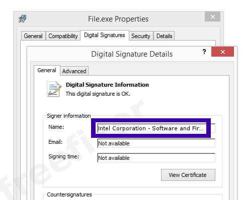 Screenshot of the Intel Corporation - Software and Firmware Products certificate